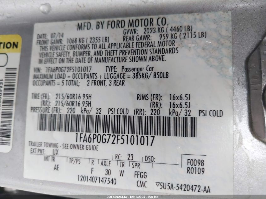 2015 Ford Fusion S VIN: 1FA6P0G72F5101017 Lot: 43924443