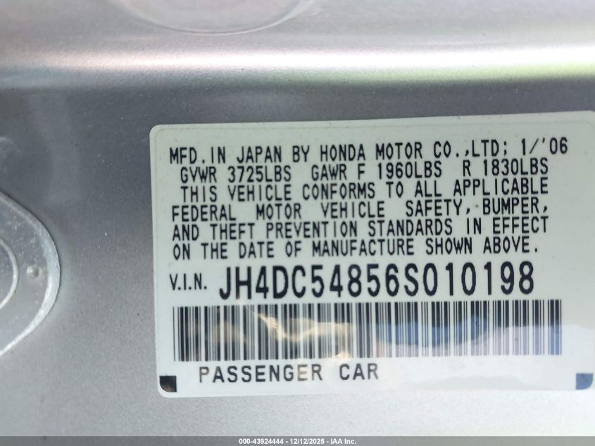 2006 Acura Rsx VIN: JH4DC54856S010198 Lot: 43924444