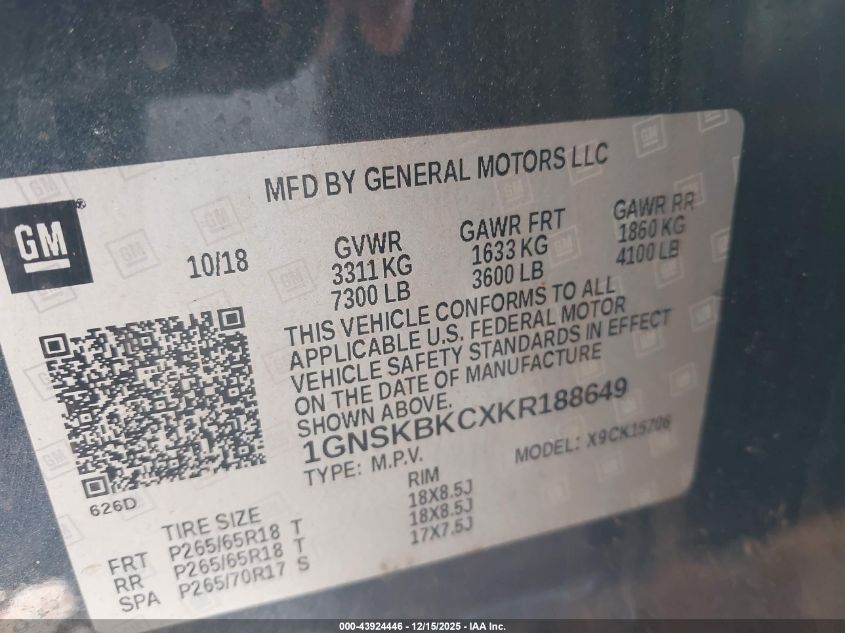 2019 Chevrolet Tahoe Lt VIN: 1GNSKBKCXKR188649 Lot: 43924446