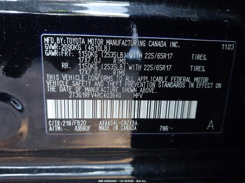 2024 Toyota Rav4 Le VIN: 2T3G1RFV4RC403640 Lot: 43924453