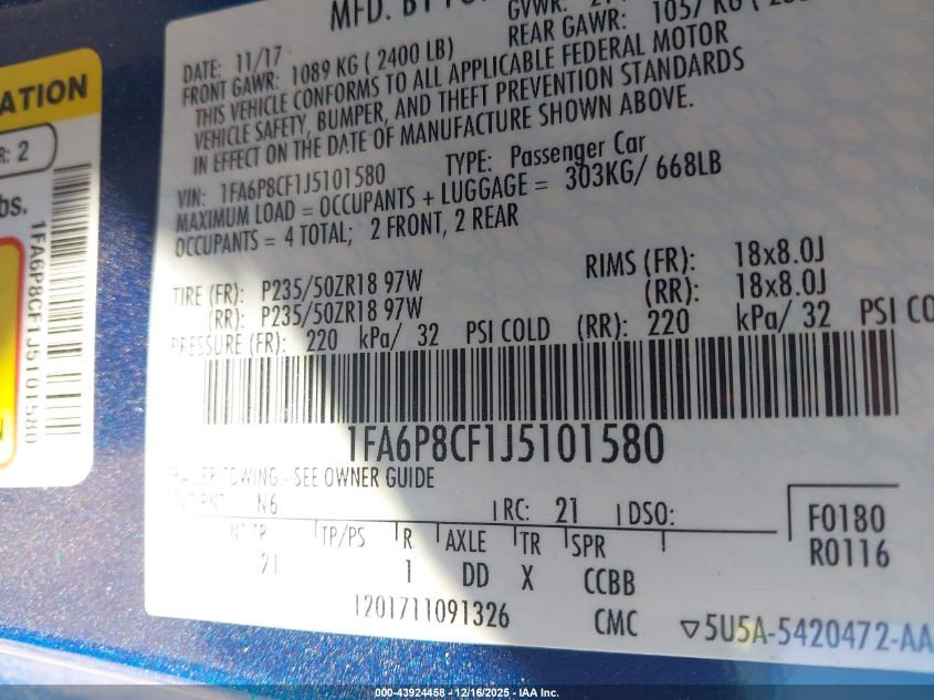 2018 Ford Mustang Gt VIN: 1FA6P8CF1J5101580 Lot: 43924458