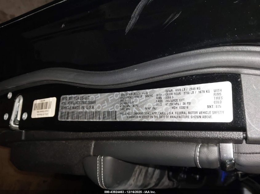 2022 Jeep Grand Cherokee Overland 4X4 VIN: 1C4RJHDT9N8530869 Lot: 43924463