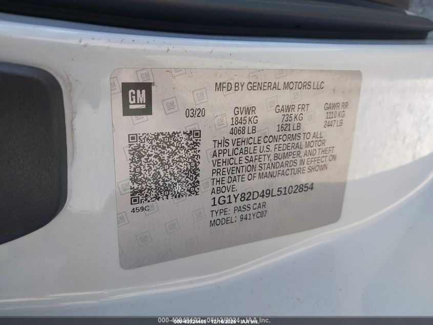 2020 Chevrolet Corvette Stingray Rwd 3Lt VIN: 1G1Y82D49L5102854 Lot: 43924466