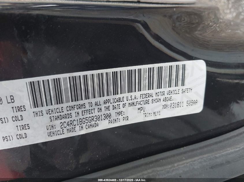 2016 Chrysler Town & Country Touring VIN: 2C4RC1BG5GR301300 Lot: 43924469