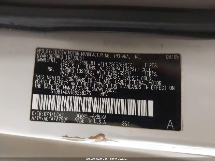 2006 Toyota Sequoia Limited V8 VIN: 5TDBT48A16S258375 Lot: 43924472