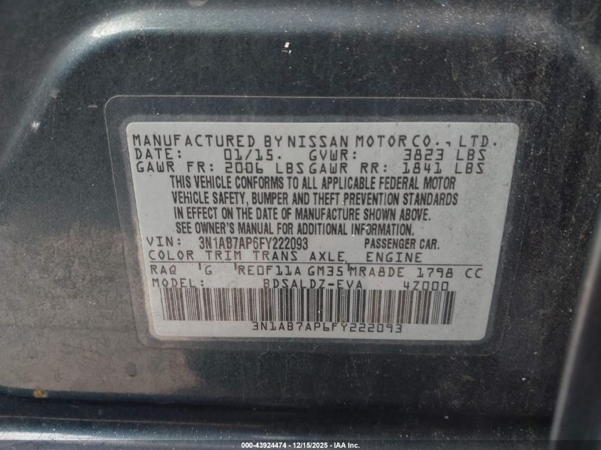 2015 Nissan Sentra Sv VIN: 3N1AB7AP6FY222093 Lot: 43924474