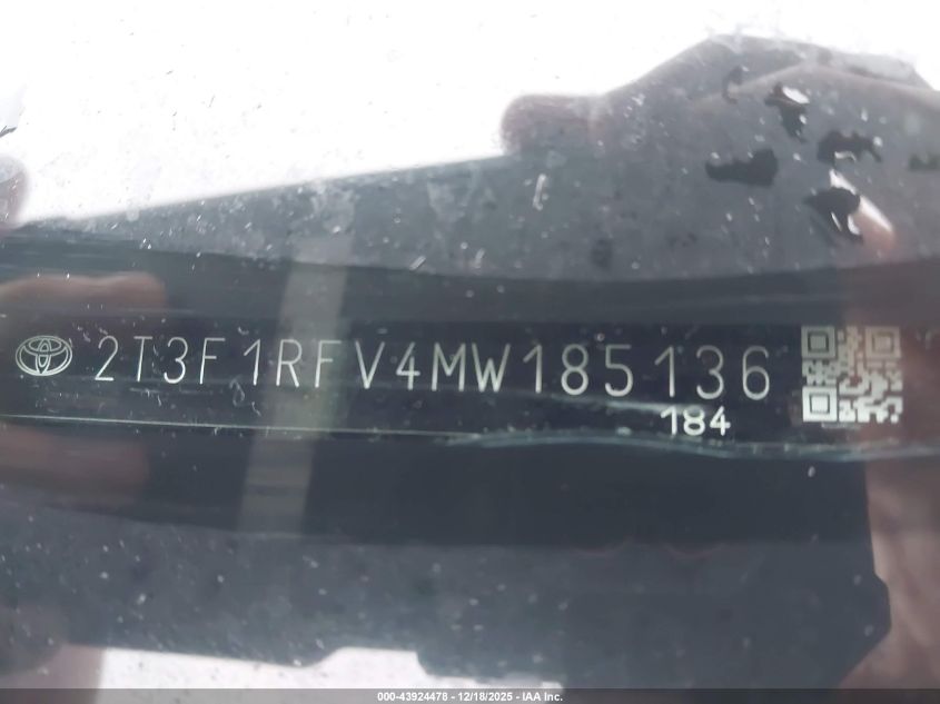 2021 Toyota Rav4 Le VIN: 2T3F1RFV4MW185136 Lot: 43924478