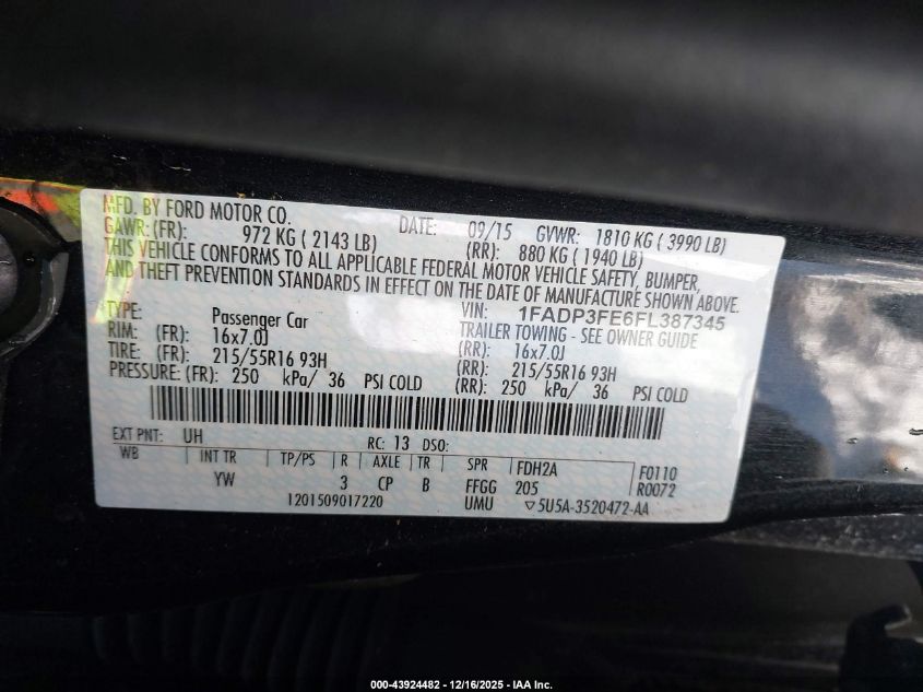 2015 Ford Focus Se VIN: 1FADP3FE6FL387345 Lot: 43924482