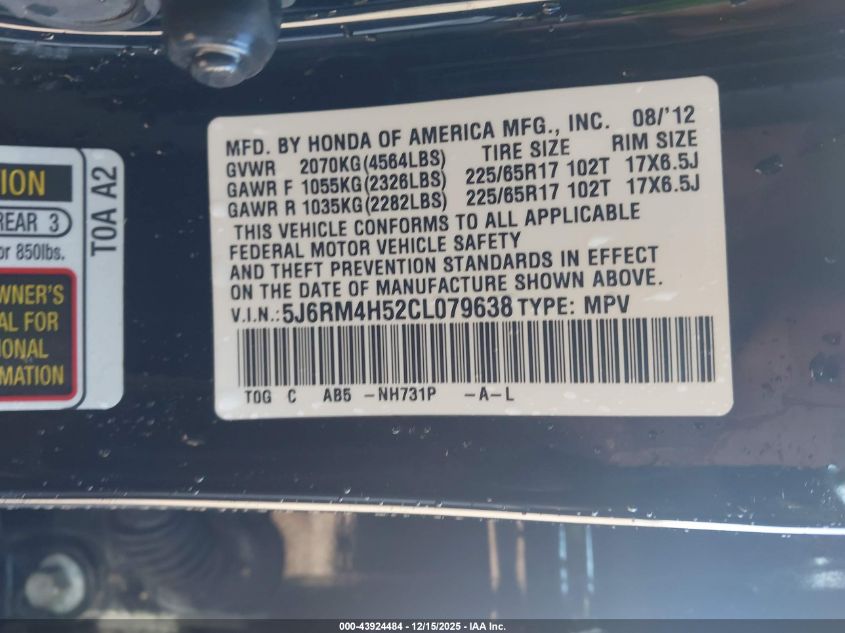 2012 Honda Cr-V Ex VIN: 5J6RM4H52CL079638 Lot: 43924484