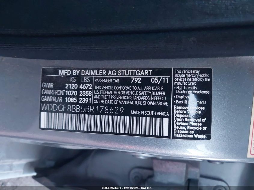 2011 Mercedes-Benz C 300 Sport 4Matic VIN: WDDGF8BB5BR178629 Lot: 43924491