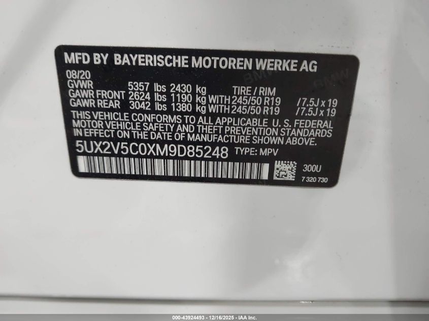 2021 BMW X4 M40I VIN: 5UX2V5C0XM9D85248 Lot: 43924493