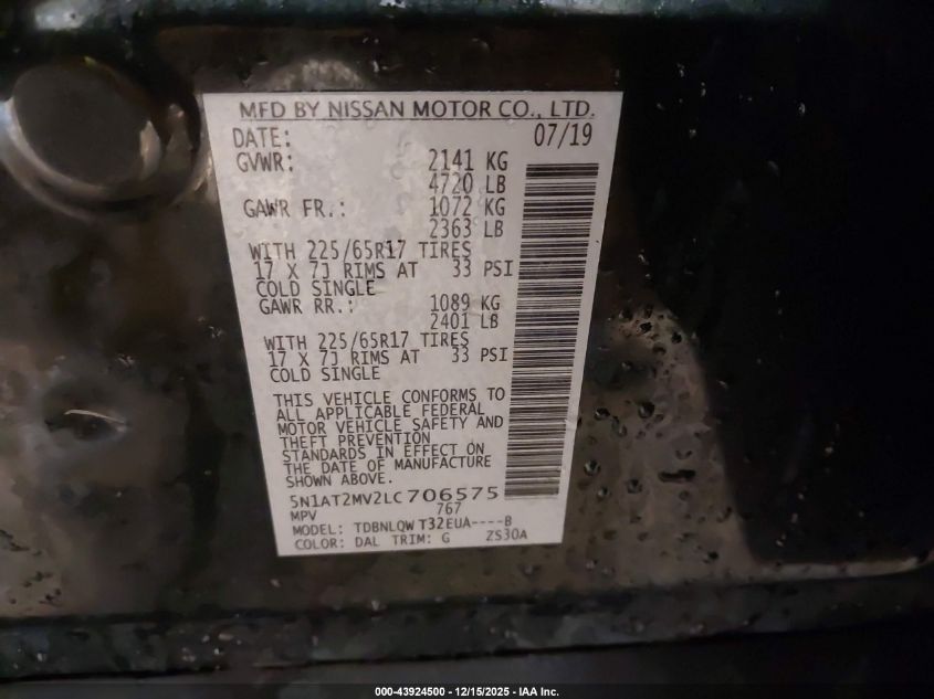2020 Nissan Rogue Sv Intelligent Awd VIN: 5N1AT2MV2LC706575 Lot: 43924500