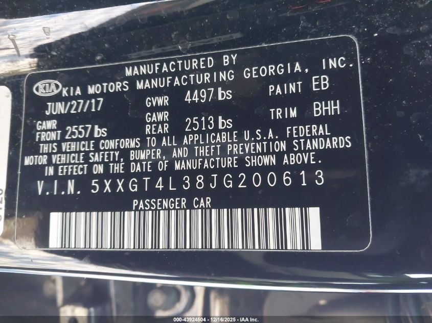 2018 Kia Optima Lx VIN: 5XXGT4L38JG200613 Lot: 43924504