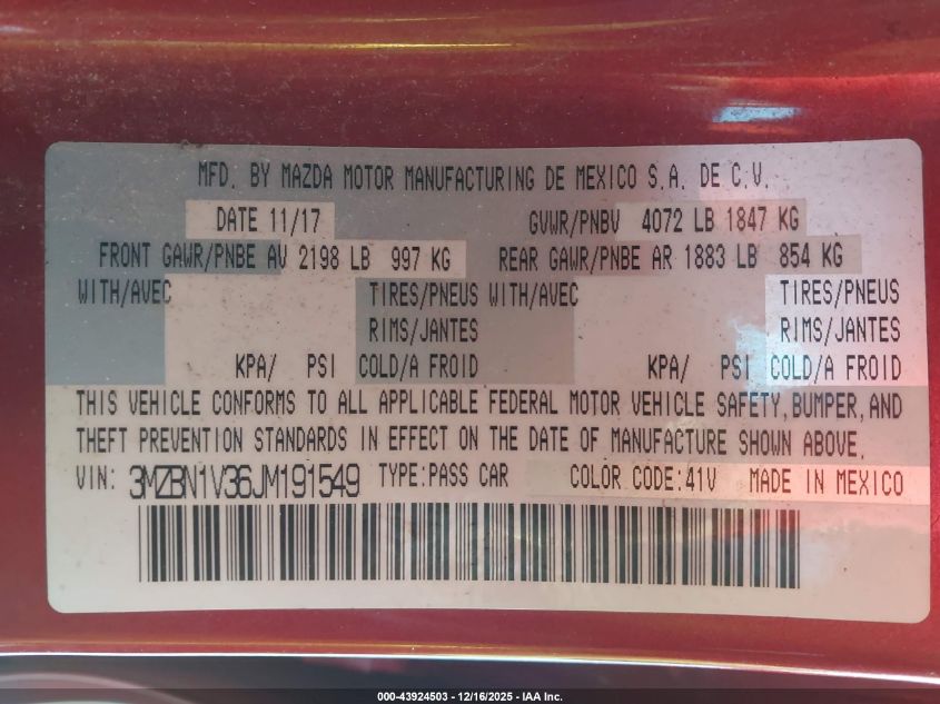 2018 Mazda Mazda3 Touring VIN: 3MZBN1V36JM191549 Lot: 43924503