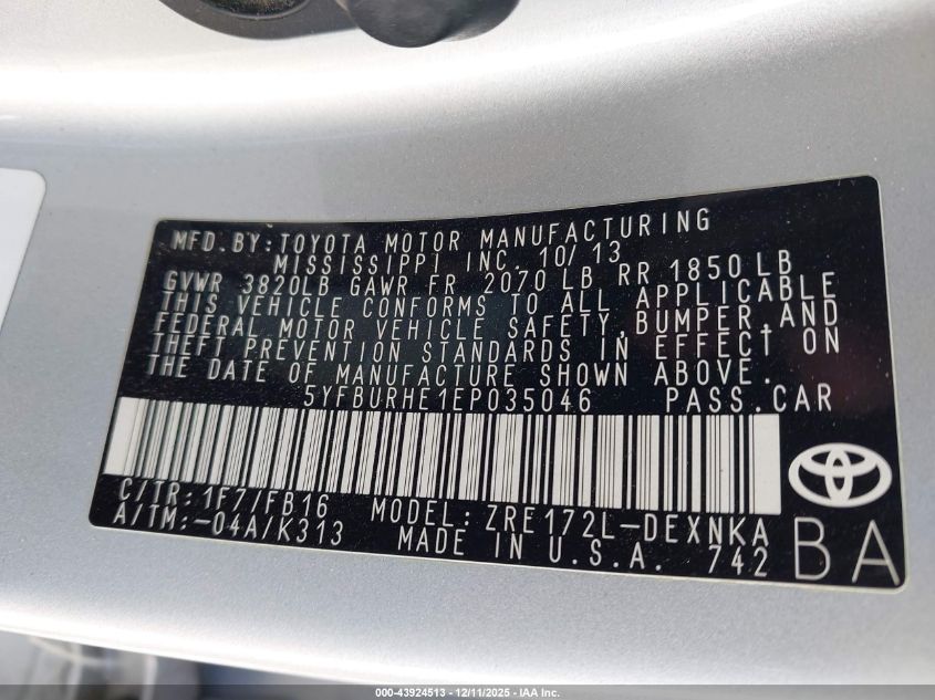 2014 Toyota Corolla Le Plus VIN: 5YFBURHE1EP035046 Lot: 43924513