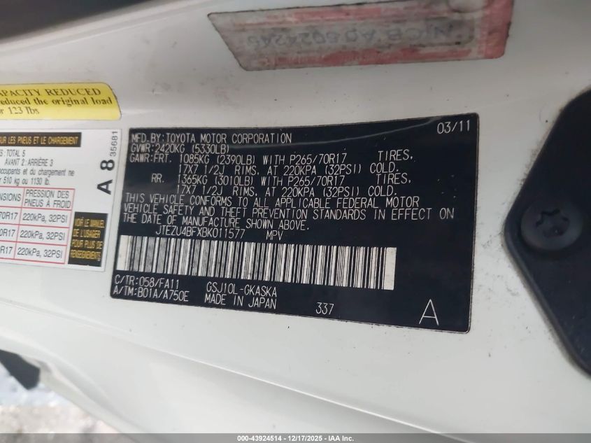 2011 Toyota Fj Cruiser VIN: JTEZU4BFXBK011577 Lot: 43924514