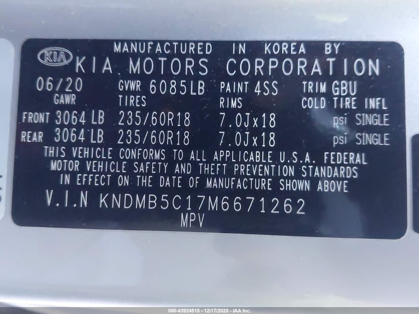 2021 Kia Sedona Ex VIN: KNDMB5C17M6671262 Lot: 43924515