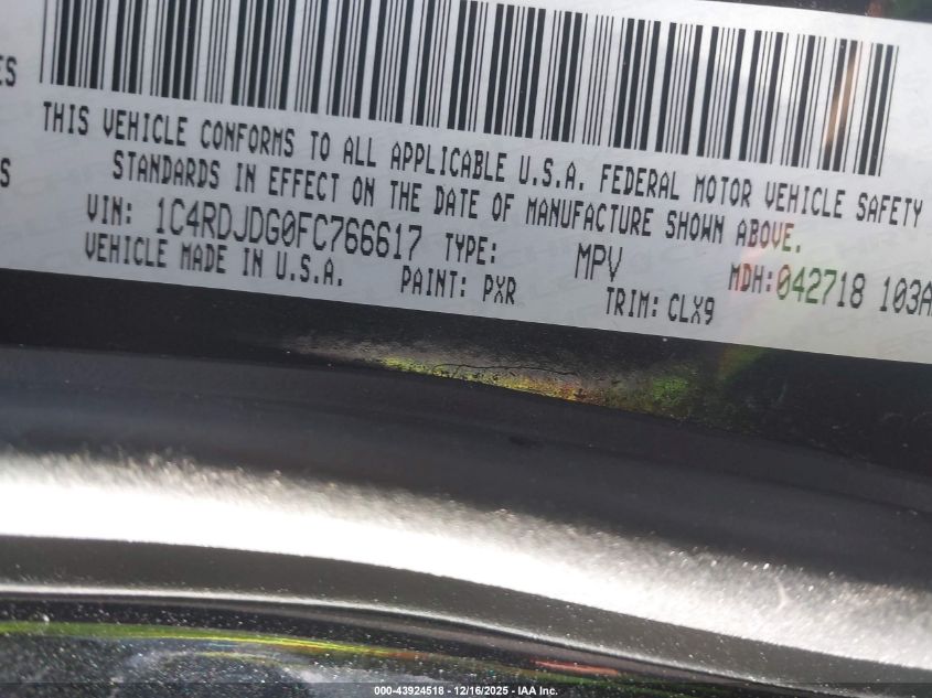 2015 Dodge Durango Limited VIN: 1C4RDJDG0FC766617 Lot: 43924518