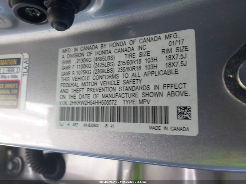 2017 Honda Cr-V Ex VIN: 2HKRW2H54HH608572 Lot: 43924519
