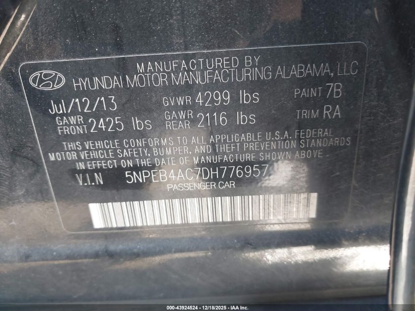 2013 Hyundai Sonata Gls VIN: 5NPEB4AC7DH776957 Lot: 43924524