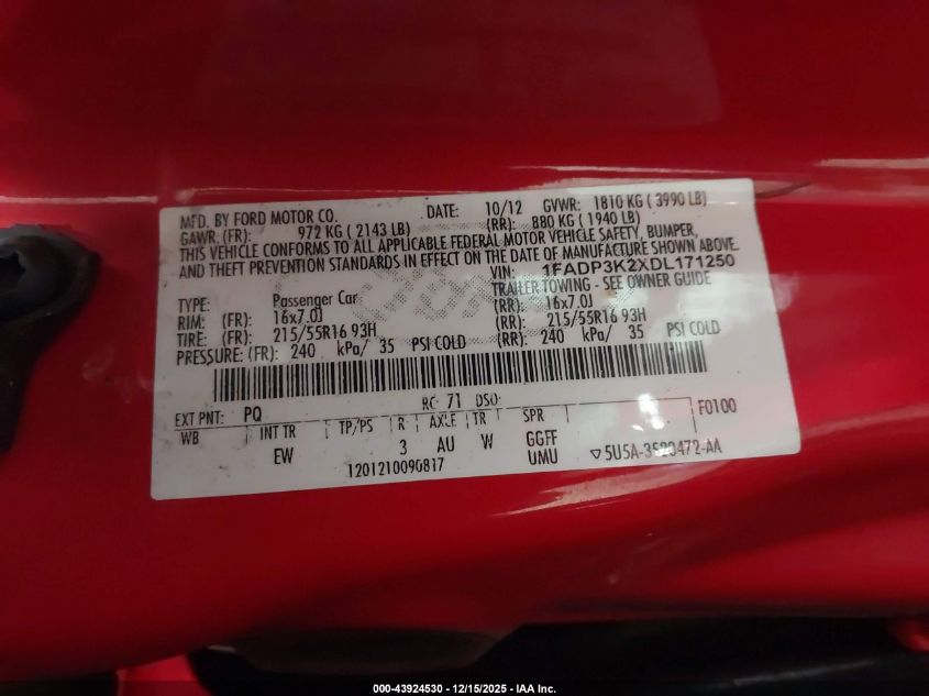 2013 Ford Focus Se VIN: 1FADP3K2XDL171250 Lot: 43924530