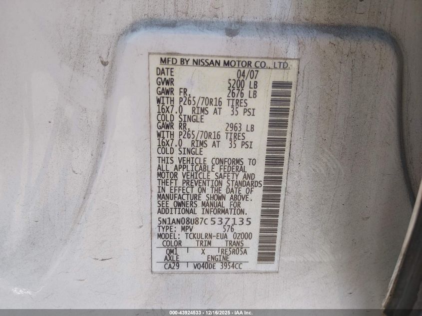 2007 Nissan Xterra S VIN: 5N1AN08U87C537135 Lot: 43924533