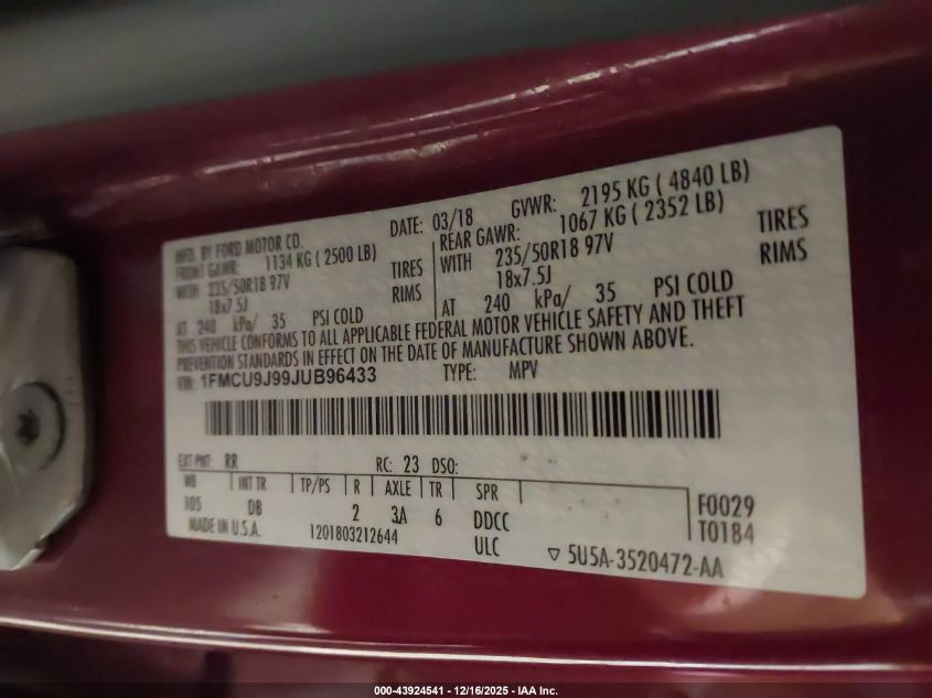 2018 Ford Escape Titanium VIN: 1FMCU9J99JUB96433 Lot: 43924541