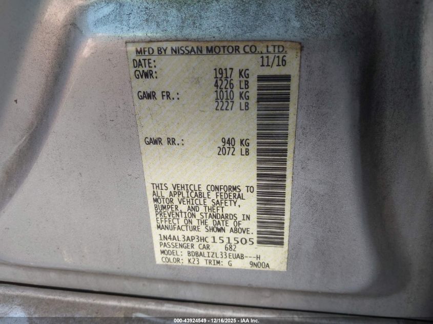 2017 Nissan Altima 2.5 Sv VIN: 1N4AL3AP3HC151505 Lot: 43924549