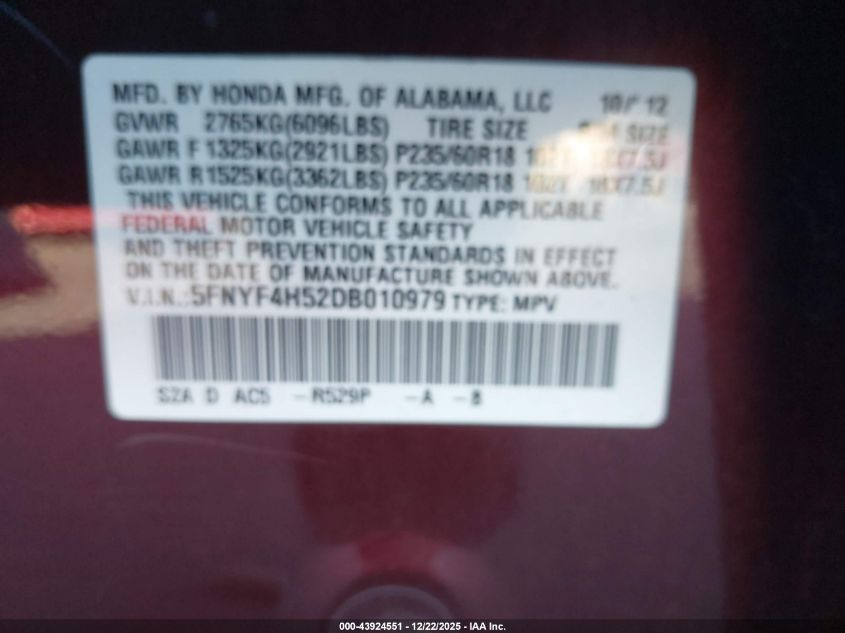 2013 Honda Pilot Ex-L VIN: 5FNYF4H52DB010979 Lot: 43924551