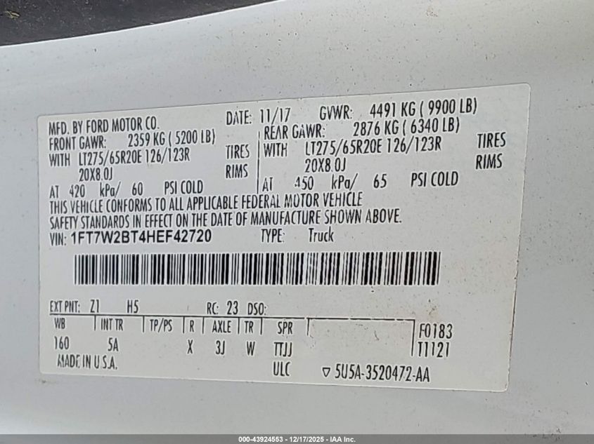 2017 Ford F-250 Lariat VIN: 1FT7W2BT4HEF42720 Lot: 43924553