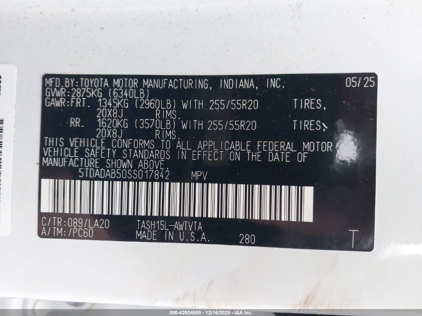 2025 Toyota Grand Highlander Hybrid Limited Max VIN: 5TDADAB50SS017842 Lot: 43924559