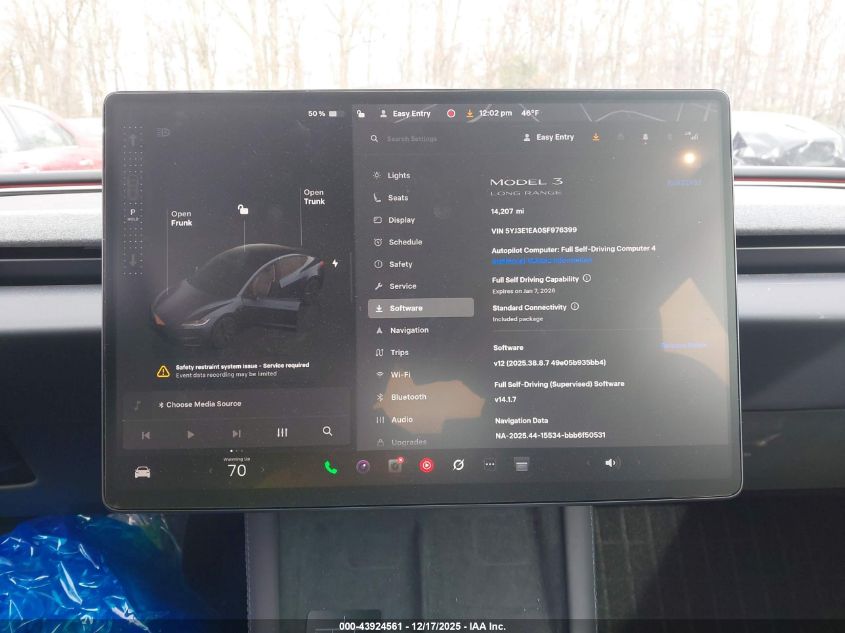 2025 Tesla Model 3 Long Range Rear-Wheel Drive/Standard Rear-Wheel Drive VIN: 5YJ3E1EA0SF976399 Lot: 43924561