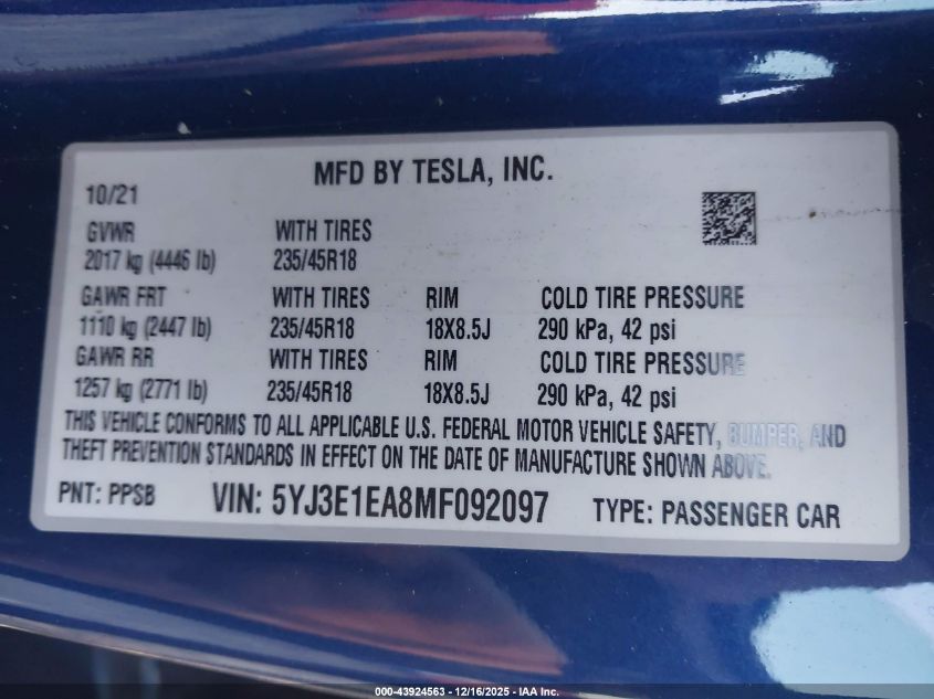 2021 Tesla Model 3 Standard Range Plus Rear-Wheel Drive VIN: 5YJ3E1EA8MF092097 Lot: 43924563