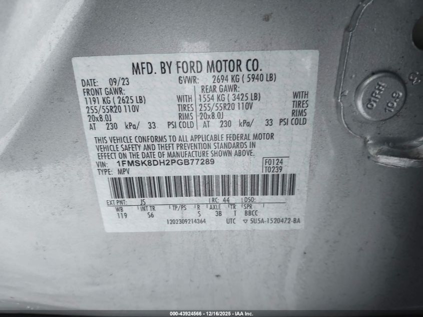 2023 Ford Explorer Xlt VIN: 1FMSK8DH2PGB77289 Lot: 43924566