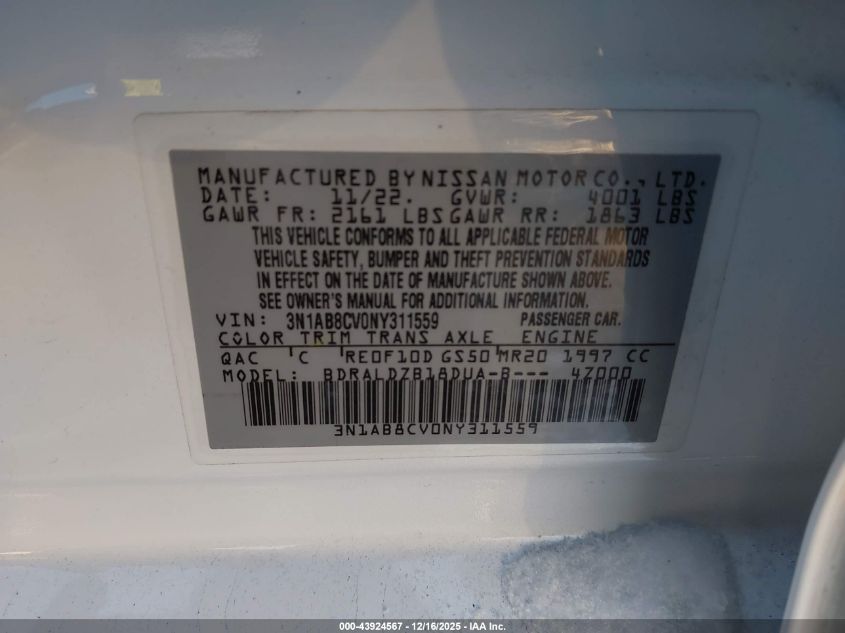 2022 Nissan Sentra Sv Xtronic Cvt VIN: 3N1AB8CV0NY311559 Lot: 43924567