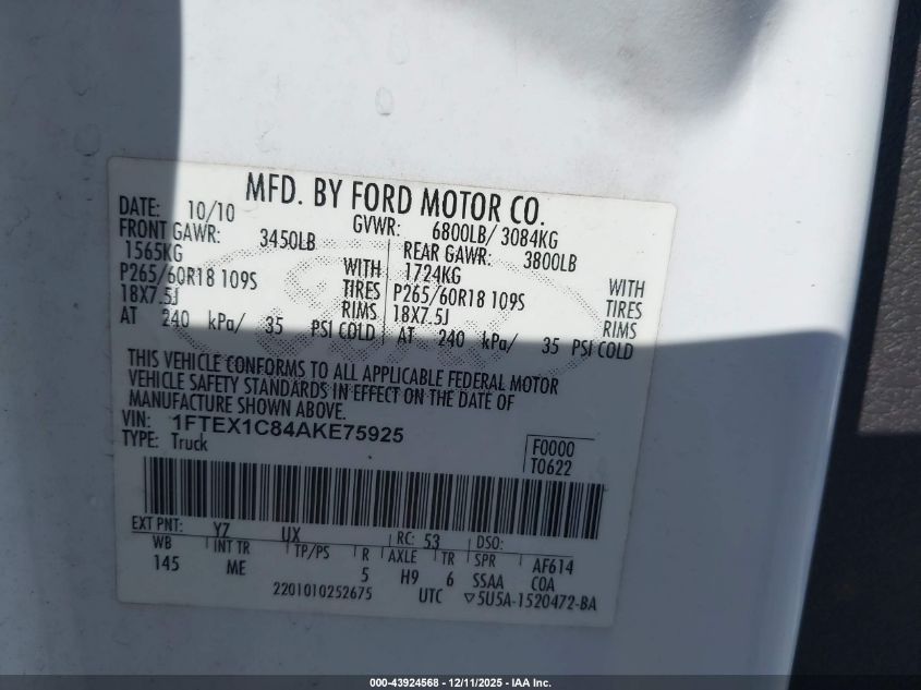 2010 Ford F-150 Fx2 Sport/Stx/Xl/Xlt VIN: 1FTEX1C84AKE75925 Lot: 43924568