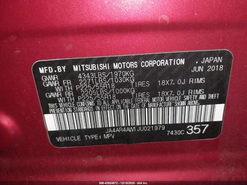2018 Mitsubishi Outlander Sport 2.4 Sel VIN: JA4AR4AW1JU021979 Lot: 43924572