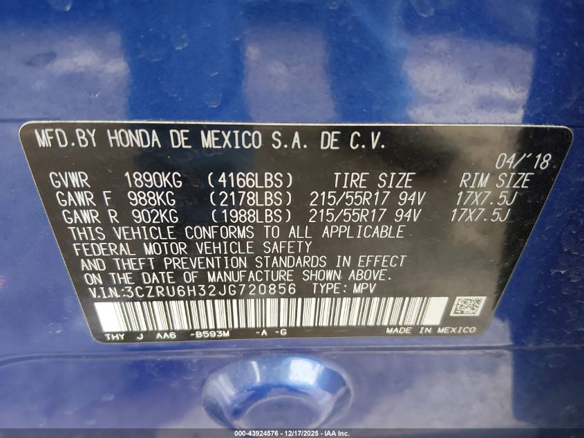 2018 Honda Hr-V Lx VIN: 3CZRU6H32JG720856 Lot: 43924576