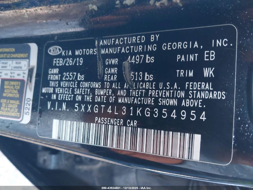 2019 Kia Optima Lx VIN: 5XXGT4L31KG354954 Lot: 43924581