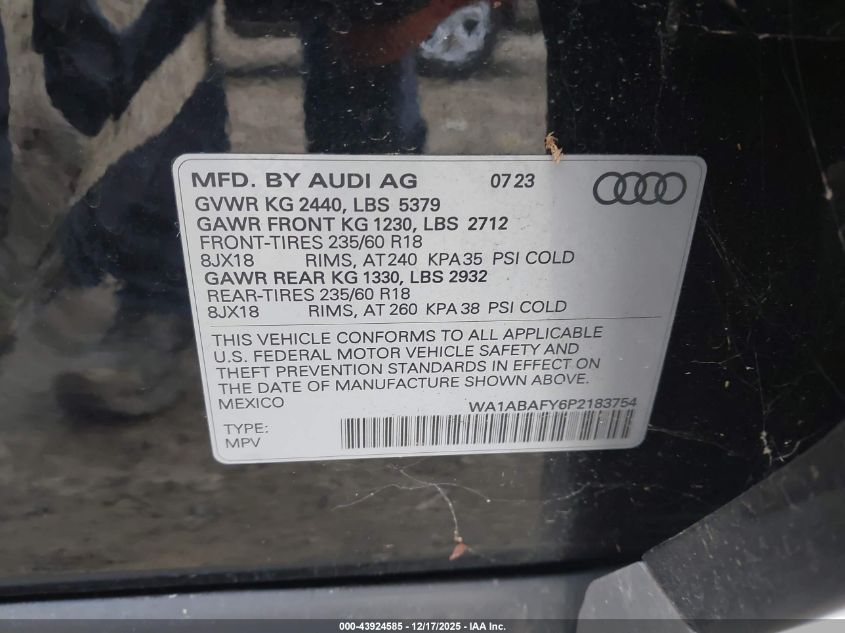 2023 Audi Q5 Premium 40 Tfsi Quattro S Tronic VIN: WA1ABAFY6P2183754 Lot: 43924585