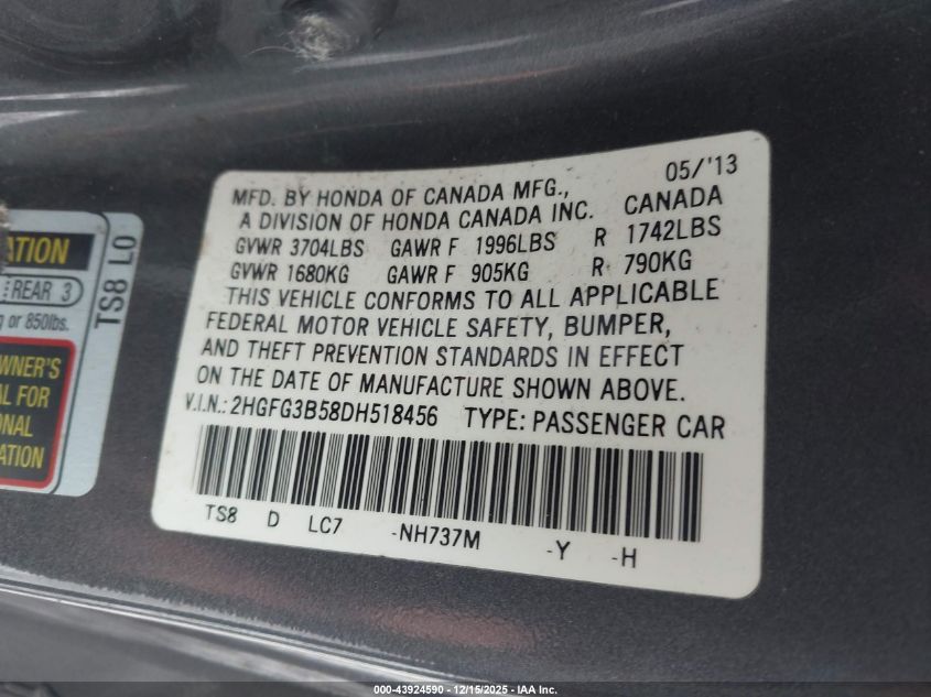 2013 Honda Civic Lx VIN: 2HGFG3B58DH518456 Lot: 43924590