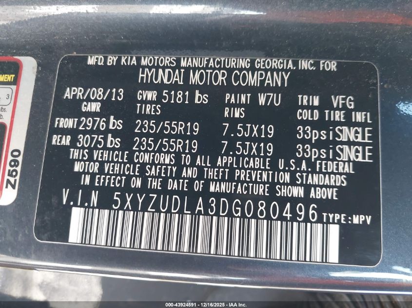 2013 Hyundai Santa Fe Sport 2.0T VIN: 5XYZUDLA3DG080496 Lot: 43924591