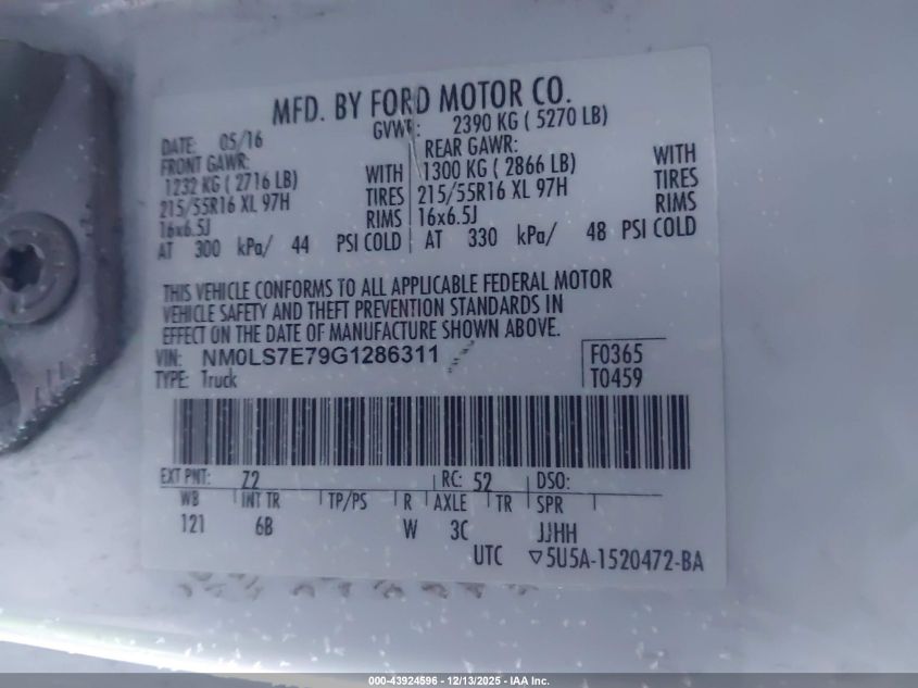 2016 Ford Transit VIN: NM0LS7C79G1286311 Lot: 43924596