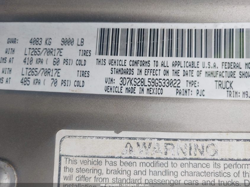 2009 Dodge Ram 2500 Slt VIN: 3D7KS28L59G533022 Lot: 43924598