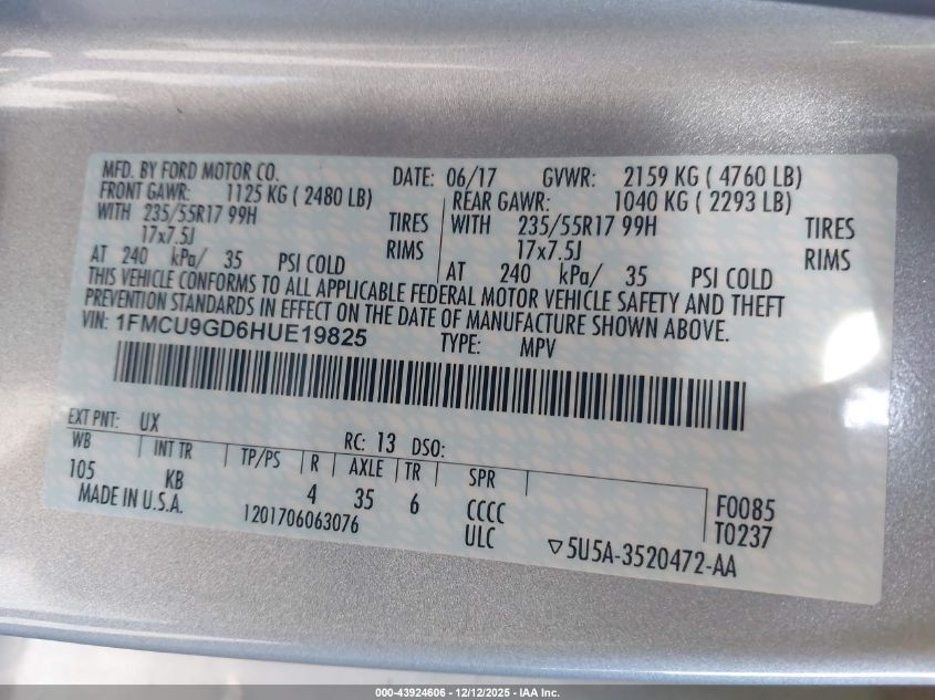 2017 Ford Escape Se VIN: 1FMCU9GD6HUE19825 Lot: 43924606