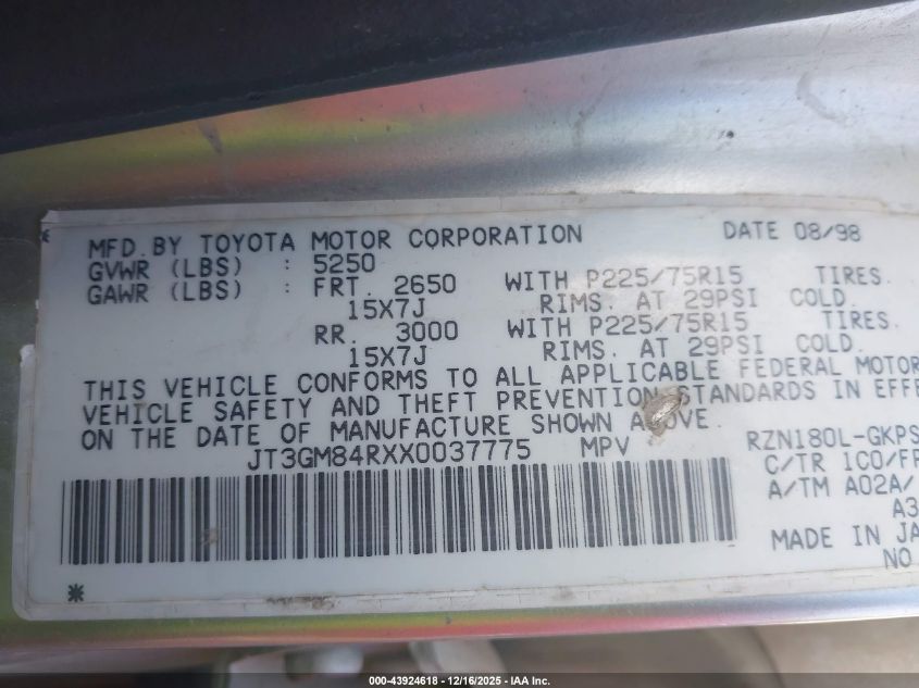1999 Toyota 4Runner VIN: JT3GM84RXX0037775 Lot: 43924618