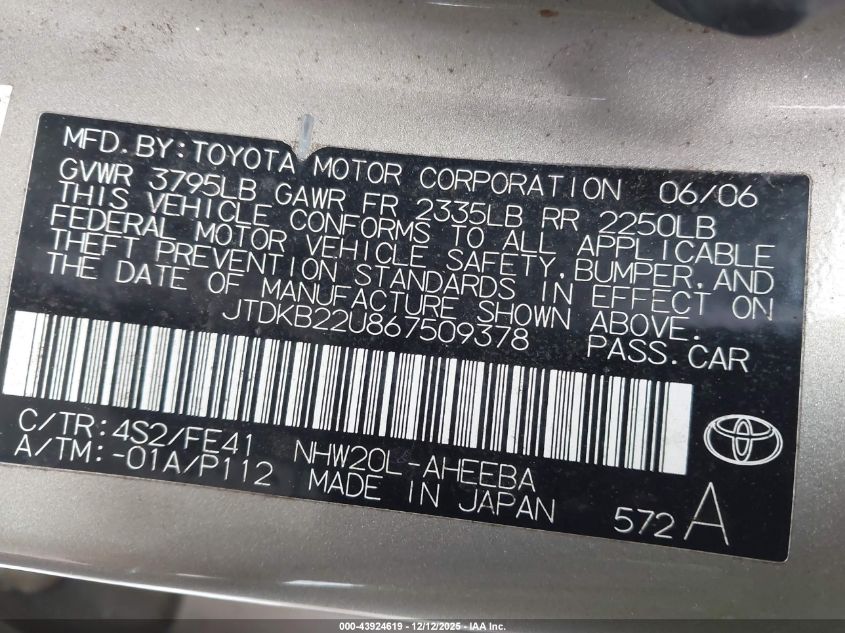 2006 Toyota Prius VIN: JTDKB22U867509378 Lot: 43924619