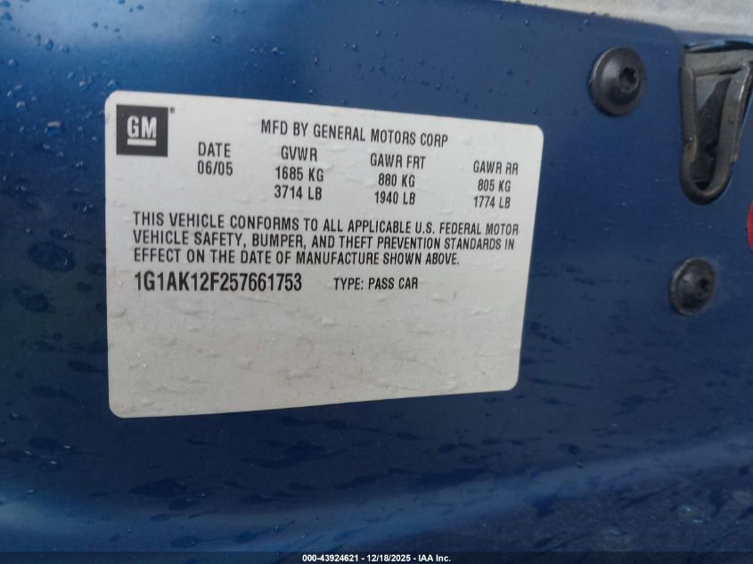 2005 Chevrolet Cobalt VIN: 1G1AK12F257661753 Lot: 43924621