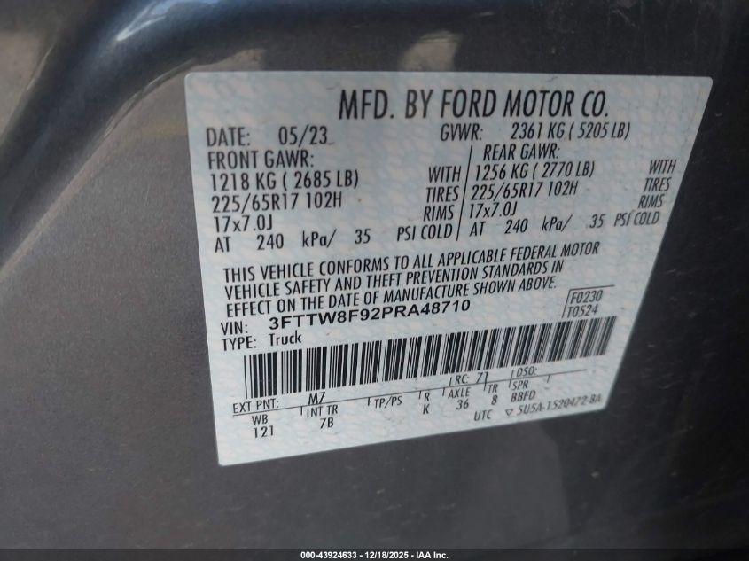 2023 Ford Maverick Xlt VIN: 3FTTW8F92PRA48710 Lot: 43924633