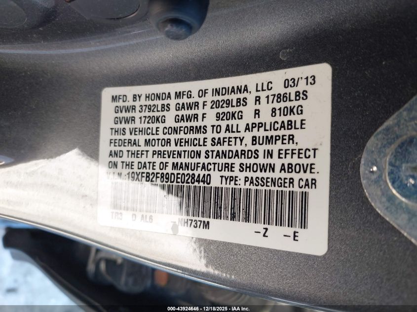 2013 Honda Civic Ex VIN: 19XFB2F89DE028440 Lot: 43924646